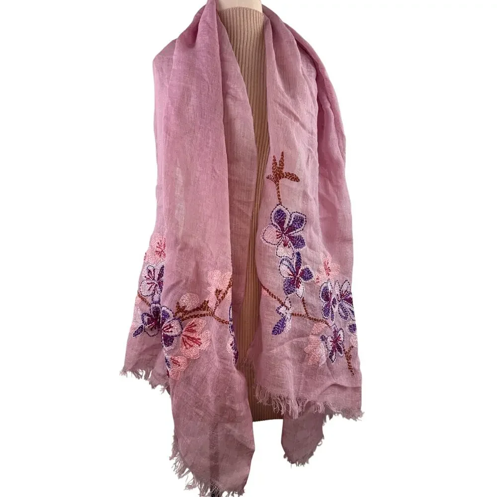 Pink Scarf Linen Embroidered Needle Floral Around Neck Raw Hem Summer Wild Shawl